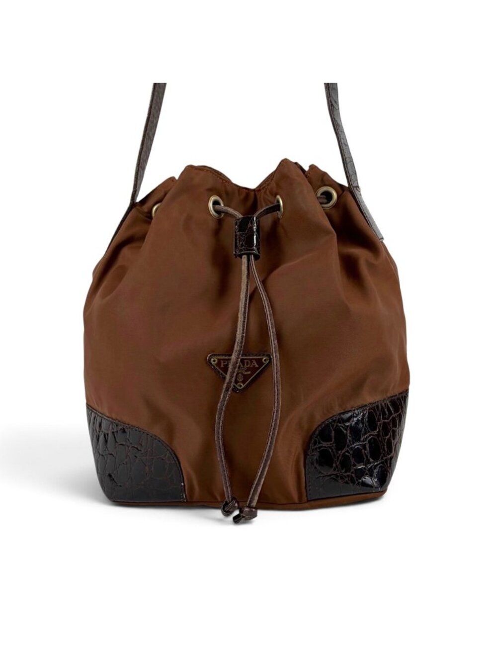 Prada Triangle Logo Shoulder Bag Drawstring Brown Tessuto Nylon